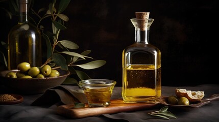 a bottle of extra virgin olive oil on a rustic background in a dark key. Generated AI