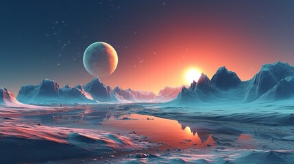 alien fantasy landscape on the ice planet, mountains, rocks, lake at sunrise. generated ai