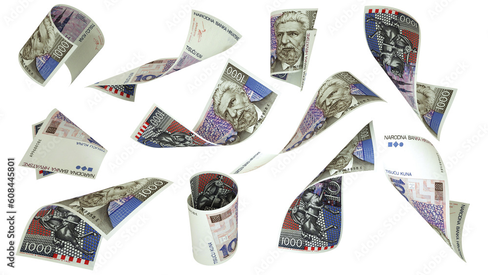 Aufkleber 3D rendering of Croatian Kuna notes flying in different angles and orientations isolated on transparent background