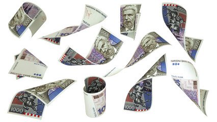 3D rendering of Croatian Kuna notes flying in different angles and orientations isolated on transparent background