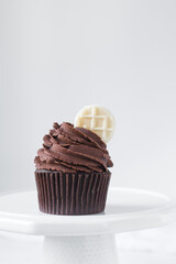Chocolate cupcake with dark chocolate buttercream, double chocolate cupcakes with american buttercream, tall swirl frosting on a cupcake with a wafer
