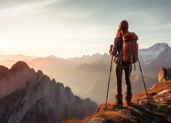 Silhouette of a woman with trekking poles looking on a mountain at sunset. Adventure, Hiking and awe-inspiring landscapes concept. AI Generative - obrazy, fototapety, plakaty