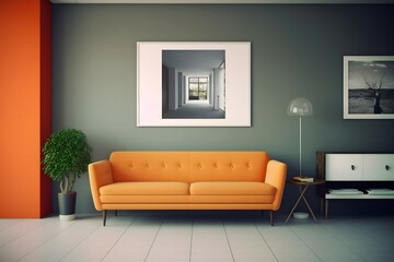 Fototapeta na wymiar minimal design appartment, a wall with a picture frame, modern living-room, colourful furniture, perpendicular composition, center perspective, very detailed, photorealistic, photographic, Eastman Kod