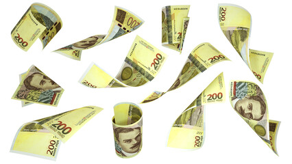 3D rendering of Georgian Lari notes flying in different angles and orientations isolated on transparent background