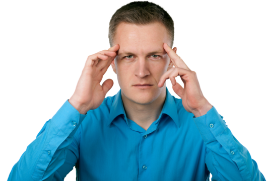 Man with stress holds head with fingers