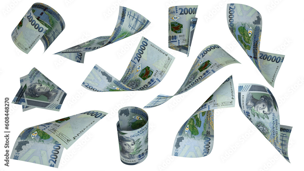Aufkleber 3D rendering of Guinean Franc notes flying in different angles and orientations isolated on transparent background