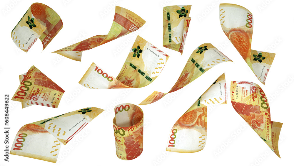 Aufkleber 3D rendering of Hong Kong Dollar notes flying in different angles and orientations isolated on transparent background