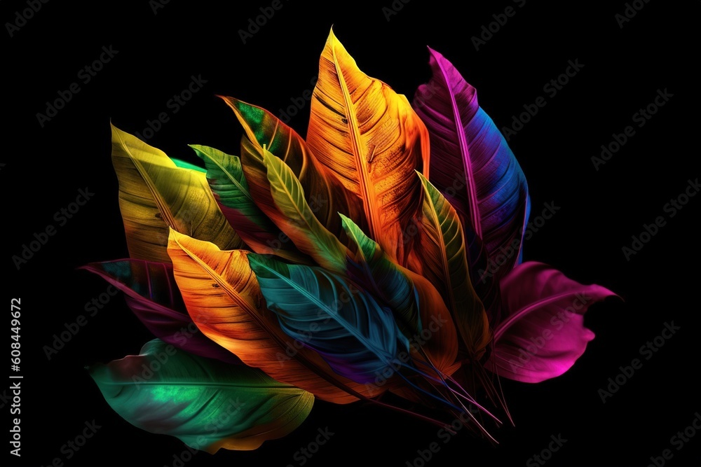 Poster a smattering of brightly colored feathers set against a dark backdrop generative ai