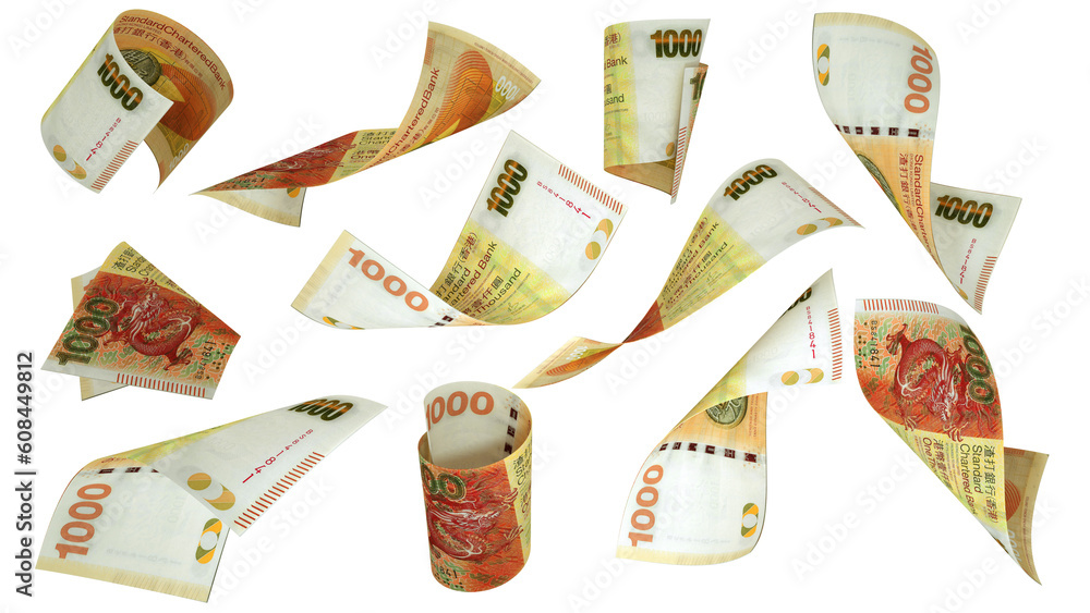 Aufkleber 3D rendering of Hong Kong Dollar notes flying in different angles and orientations isolated on transparent background