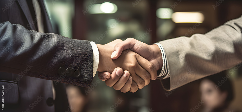 Wall mural Close up of businessman shaking hands on successful business, closing a deal