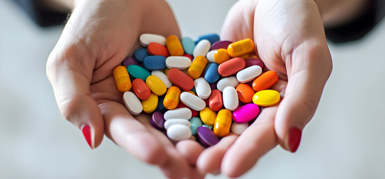 Close up of female hands holding colorful medicine pills on white background