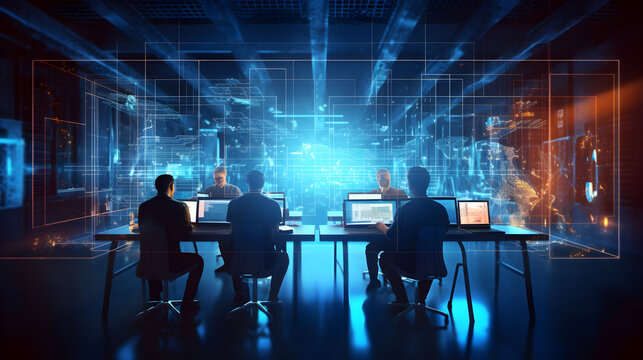 Group of businessman developing technology on a futuristic hologram screen display with technological features