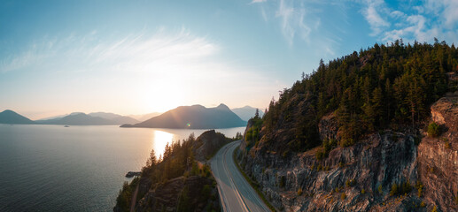 Sea to Sky Highway on Pacific Ocean West Coast. Aerial Panorama. - obrazy, fototapety, plakaty