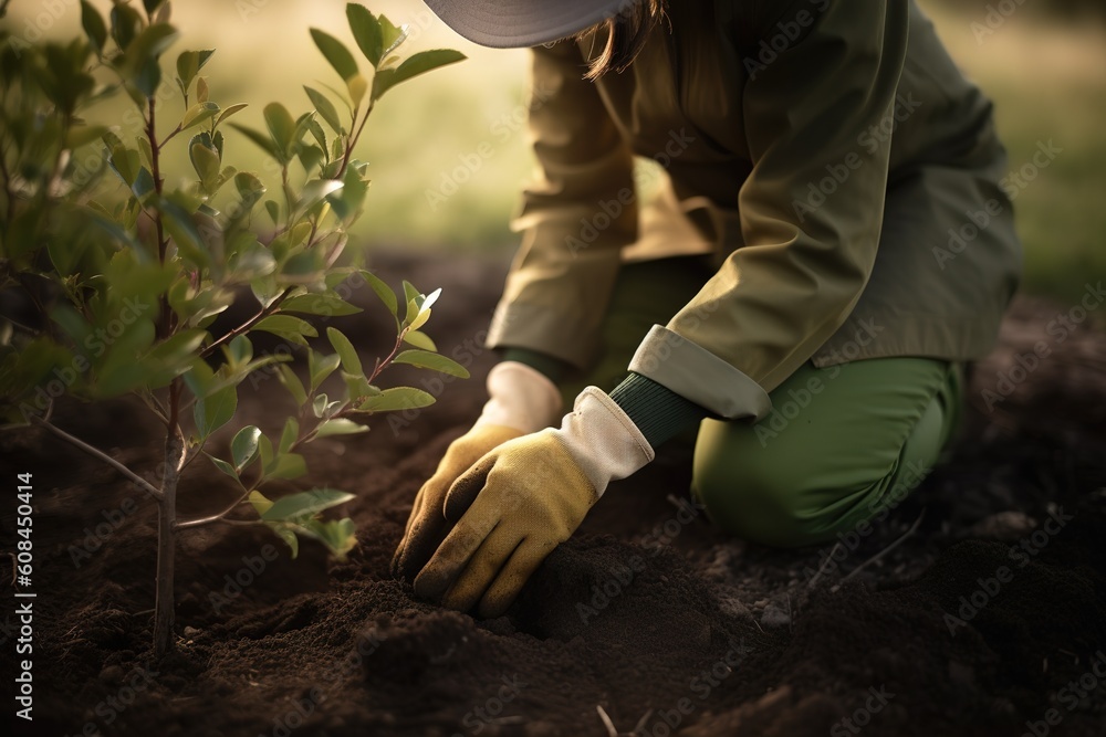 Poster a person tending to the planting of a tree while wearing a hat and gloves generative ai