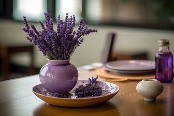 Obraz na płótnie Canvas A round vase filled with Lavender at the table. Lunar new year decoration, The photo is inspired by the arrangements of photographer Yvette Inufio, captured with a Canon EOS 5D Mark IV, using a 50mm f