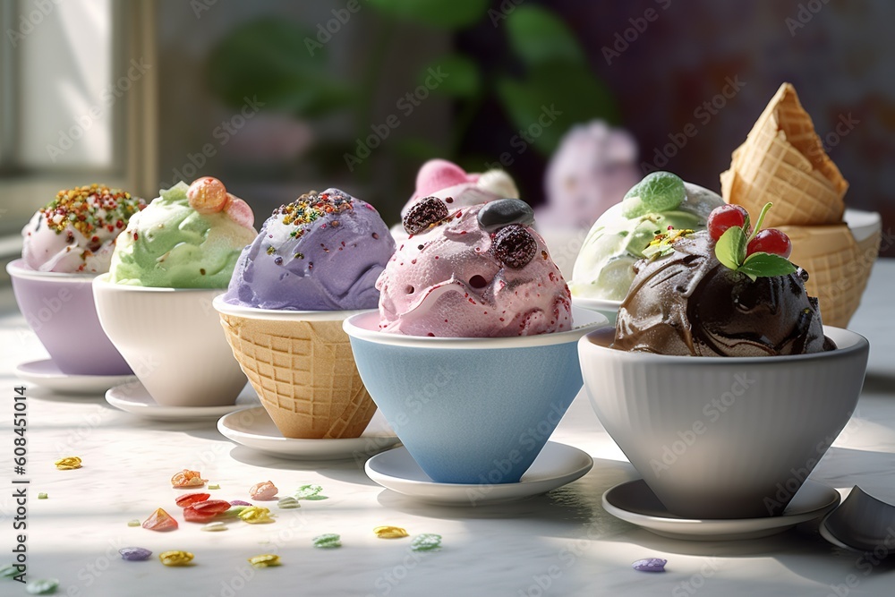 Poster a table with a row of ice cream cones arranged in a row on top of the table generative ai