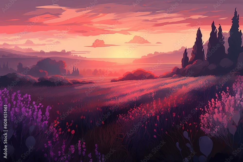 Poster a picture of a flower-filled field with a sunset in the background generative ai