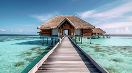 A lovely beach house with a wooden jetty