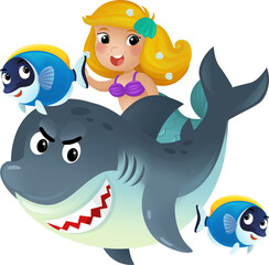 cartoon scene with mermaid princess and shark swimming together having fun with coral reef fishes isolated illustration for kids