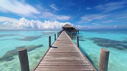 Fototapeta premium A lovely beach house with a wooden jetty
