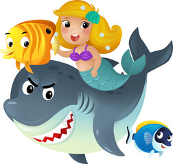 cartoon scene with mermaid princess and shark swimming together having fun with coral reef fishes isolated illustration for kids