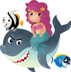 cartoon scene with mermaid princess and shark swimming together having fun with coral reef fishes isolated illustration for kids