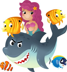 cartoon scene with mermaid princess and shark swimming together having fun with coral reef fishes isolated illustration for kids