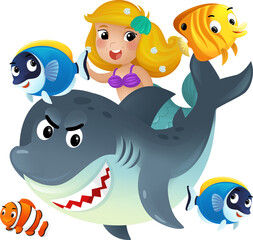 cartoon scene with mermaid princess and shark swimming together having fun with coral reef fishes isolated illustration for kids