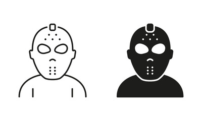 Scary Jason Mask for Halloween Party Line and Silhouette Black Icon Set. Dark Hockey Helmet for Goalie Safety Pictogram. Jason Mask Symbol of 13th Friday Collection. Isolated Vector Illustration