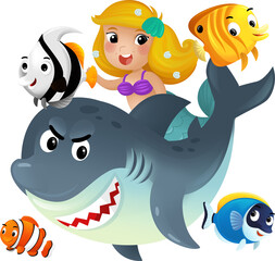 cartoon scene with mermaid princess and shark swimming together having fun with coral reef fishes isolated illustration for kids