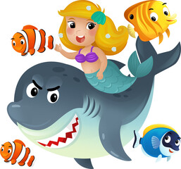 cartoon scene with mermaid princess and shark swimming together having fun with coral reef fishes isolated illustration for kids