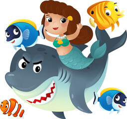 cartoon scene with mermaid princess and shark swimming together having fun with coral reef fishes isolated illustration for kids