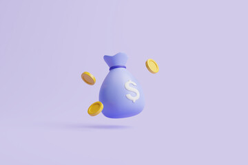 Money bag with white dollar sign and  gold coins on purple pastel background. Minimalist cartoon style. Concept of business, financial investment or savings. 3d render illustration