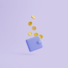 Simple pastel violet wallet icon with golden coins floats on pastel background. 3d rendering illustration