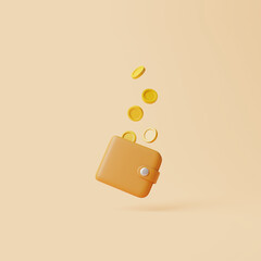 Brown wallet icon with golden coins floats on pastel beige background. 3d rendering illustration