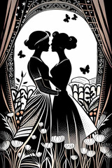 Silhouettes of two lesbian girls huging in the garden