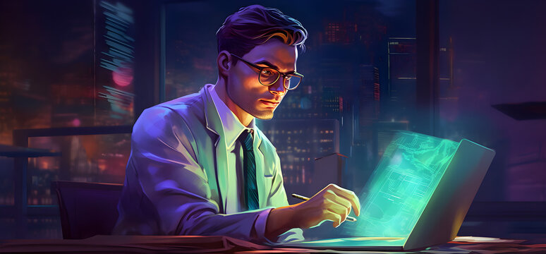 Digital art of a businessman projecting new technology on a hologram display from his laptop on a dark blue cityscape background