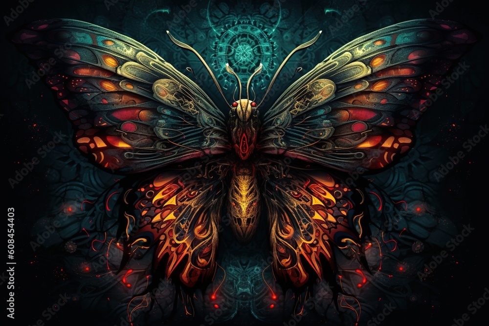 Poster a beautiful butterfly with elaborate s patterns painted on its wings. generative ai