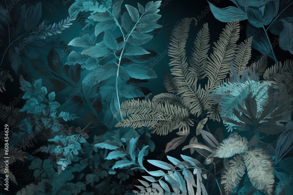 Poster an image of several plants and leaves set against a dim backdrop generative ai