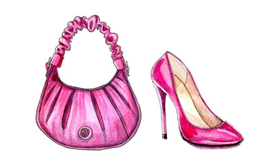pink magenta high heel shoes and bag luxury glamour watercolor fashion set isolated on white