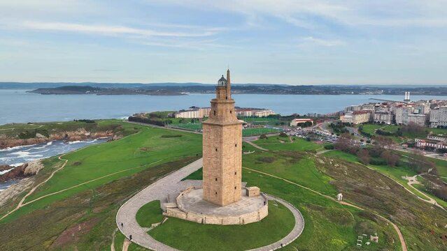 Aerial View Shot of Tower of Hercules (Torre de Hercules) lighthouse located in the city of La Coruna. Galicia, Spain