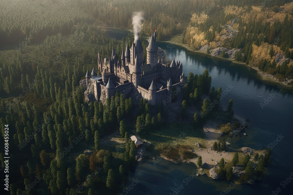 Poster a bird's-eye view of a castle situated smack dab in the midst of a forest generative ai