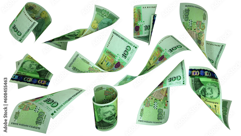 Aufkleber 3D rendering of Bulgarian Lev notes flying in different angles and orientations isolated on transparent background