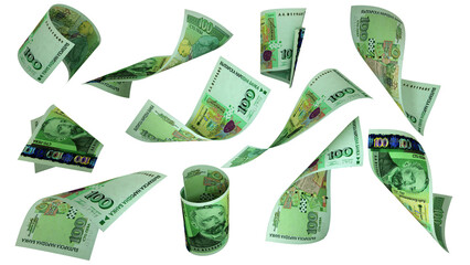 3D rendering of Bulgarian Lev notes flying in different angles and orientations isolated on transparent background