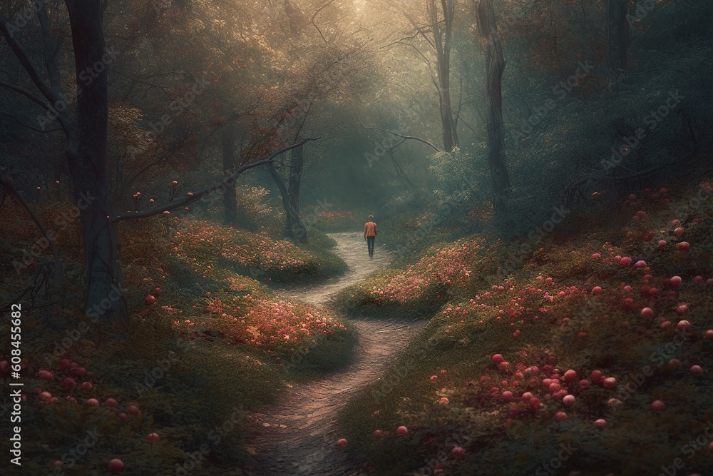 Poster an image of a person strolling in a wooded area on a route. generative ai
