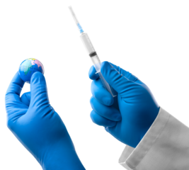 COVID. New strain of coronavirus. Syringe vaccinates the globe,