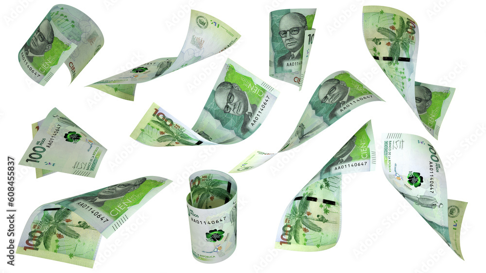 Aufkleber 3D rendering of Colombian peso notes flying in different angles and orientations isolated on transparent background