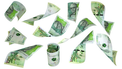 3D rendering of Colombian peso notes flying in different angles and orientations isolated on transparent background