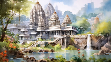 Indian temple and garden watercolor painting village illustration picture Ai generated art