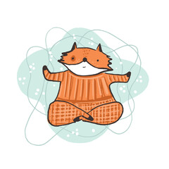 Cute sketch hand drawn vector orange fox illustration. Bright cartoon childish funny body positive yoga animal for kids print design, textile decoration, greeting cards, print, stickers, logo